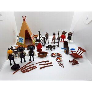 Huge 50 pieces  Playmobil 1974 Cowboy and  Indians Lot Geobra, Horses, Wolf, Gun